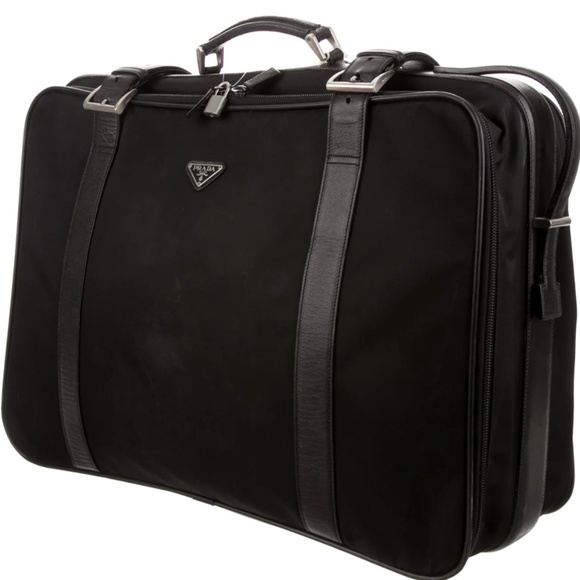 AUTHENTIC PRADA LEATHER-TRIMMED TESSUTO SUITCASE ROLLING LUGGAGE CARR - Picture 1 of 3